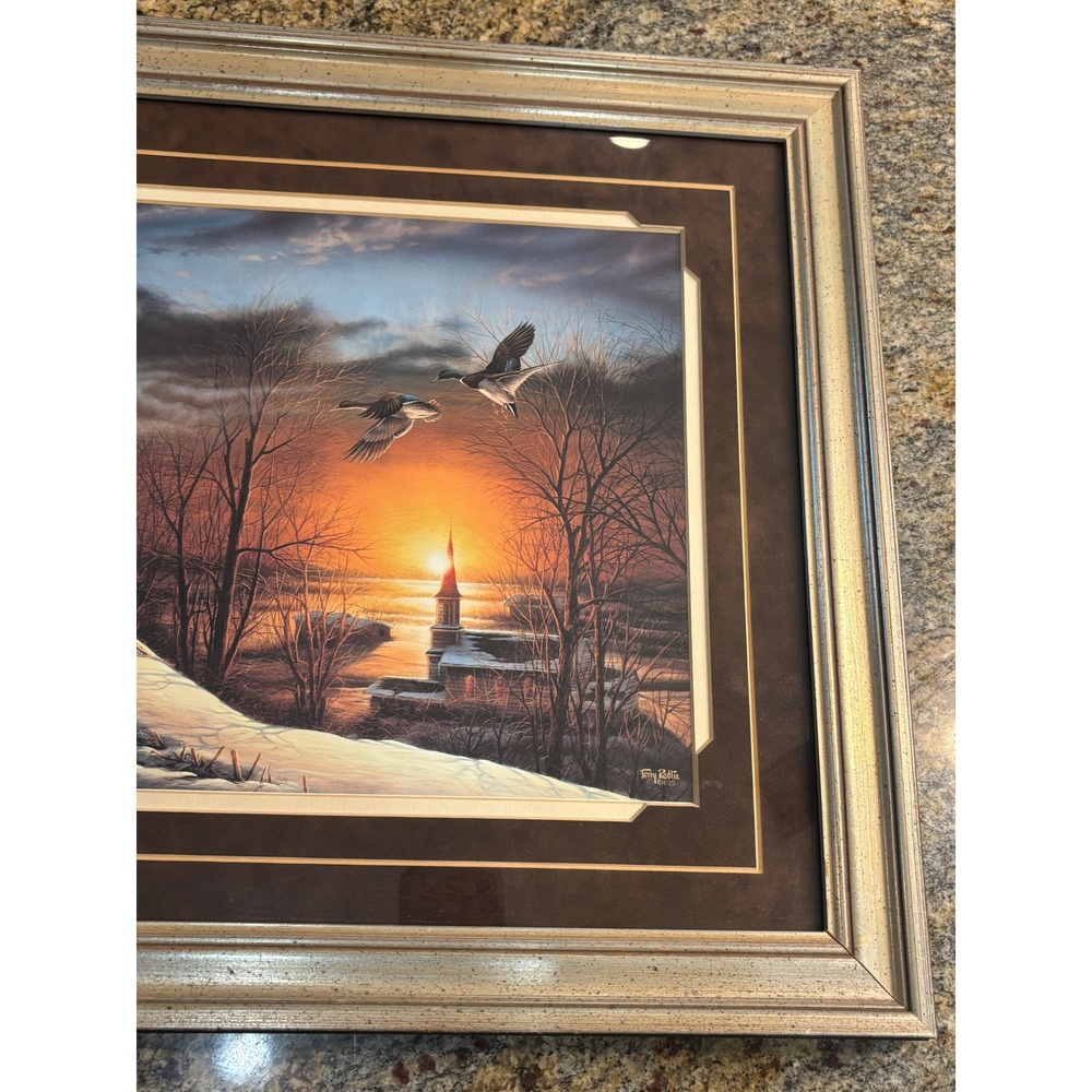 Terry Redlin "The Sharing Season" Print Winter Sunset Cabin Ducks 1985 24.5x17 - Picture 3 of 9